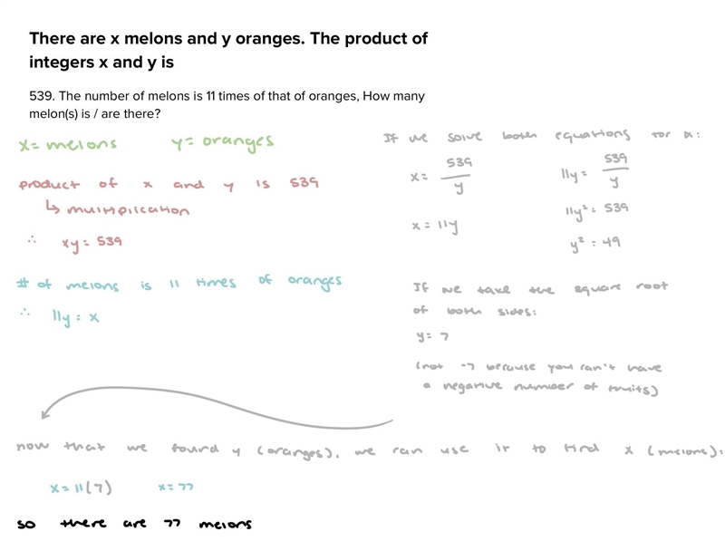 There are x melons and y oranges. The product of integers x and y is 539. The number-example-1