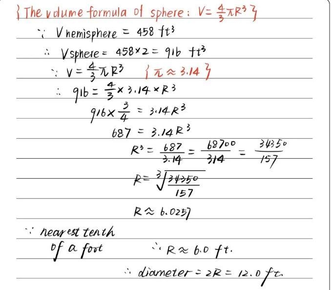 What is the diameter of a hemisphere with a volume of 458 ft³, to the nearest tenth-example-1