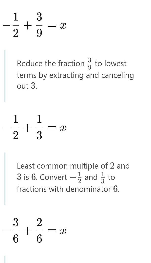 -1/2 + (3/4 x 4/9) = ? help?-example-2