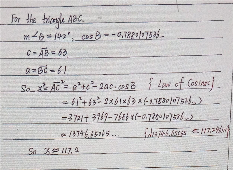 Find the value of x. Round to the nearest tenth. B 63 142° 61 A C X x = [ ? Law of-example-1