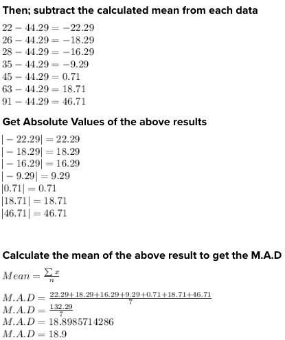 Use the data set to answer the question. {22,26,28,35,45,63,91} What is the mean absolute-example-1