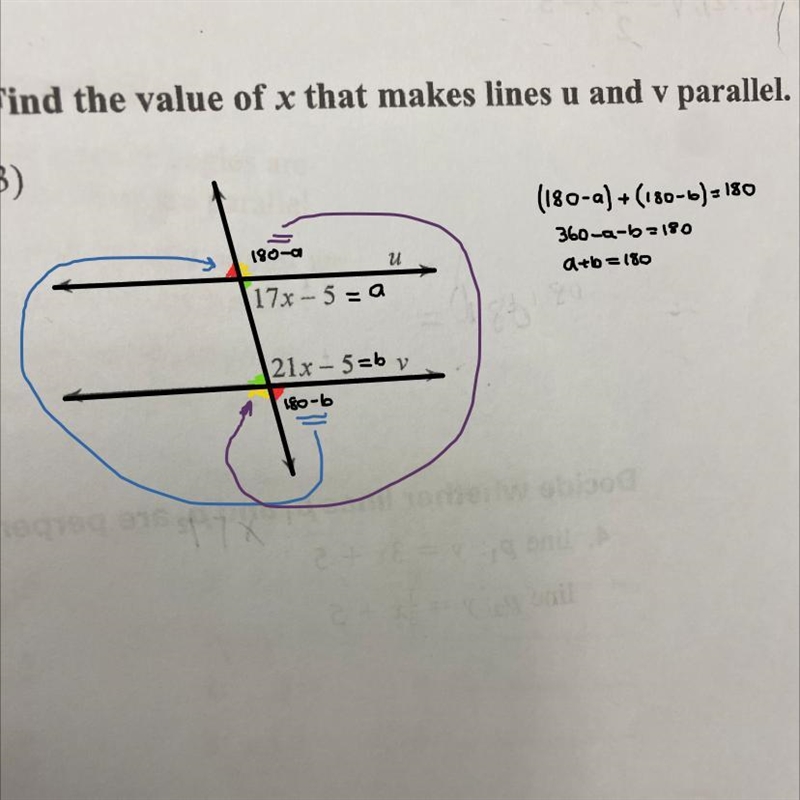 Find the value of x that makes lines u and v parallel. 3) 78 17x-5 U 21x-5 v biped-example-1