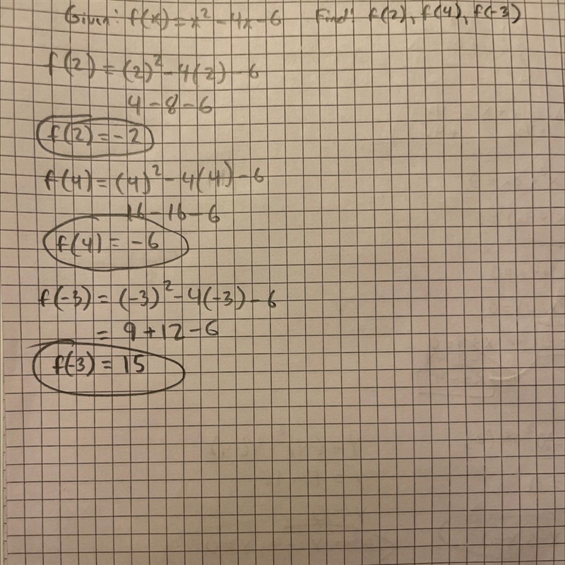 F(x) = x2 - 4x - 6 what is f(2) f(4) f(-3)-example-1