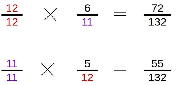 Equivalent fractions for 6/11 and 5/12 using the common denominator-example-1