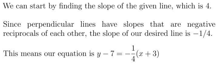 Which of these is a point-slope equation of the line that is perpendicular to y-3=4(x-example-1