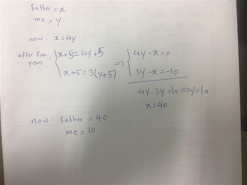 My father is 4 times old as me. after 5 years my father will be 3 times old how old-example-1