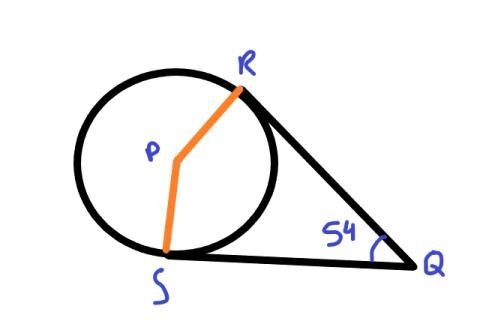 Rays QR and QS are tangents to circle P at R and S. If Q measures to 54°, find RS-example-1