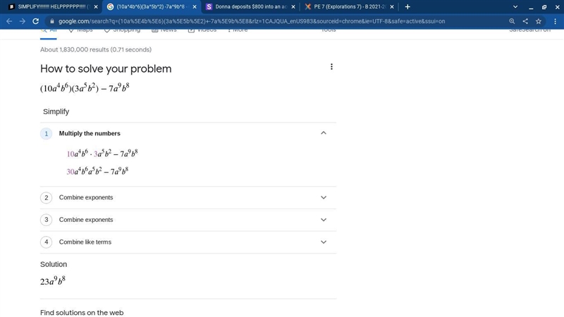 SIMPLIFY!!!!!!!! HELPPPPPP!!!!! (10a^4b^6)(3a^5b^2) -7a^9b^8-example-1