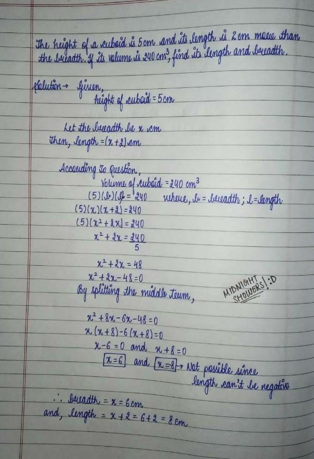 The height of a cuboid is 5 cm and its length is 2cm more than the breadth. If its-example-1