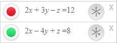 Draw the two planes determined by the following equations: 2x+3y-z=12 2x-4y+z=8-example-1