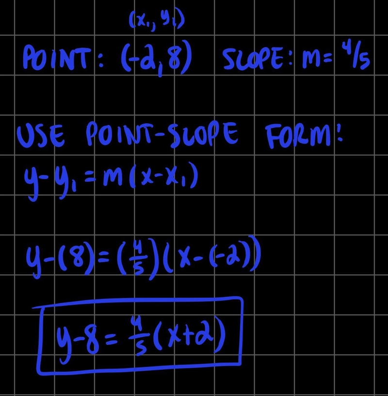 Write an equation the describes the line passing through point (-2,8) with slope 4/5-example-1