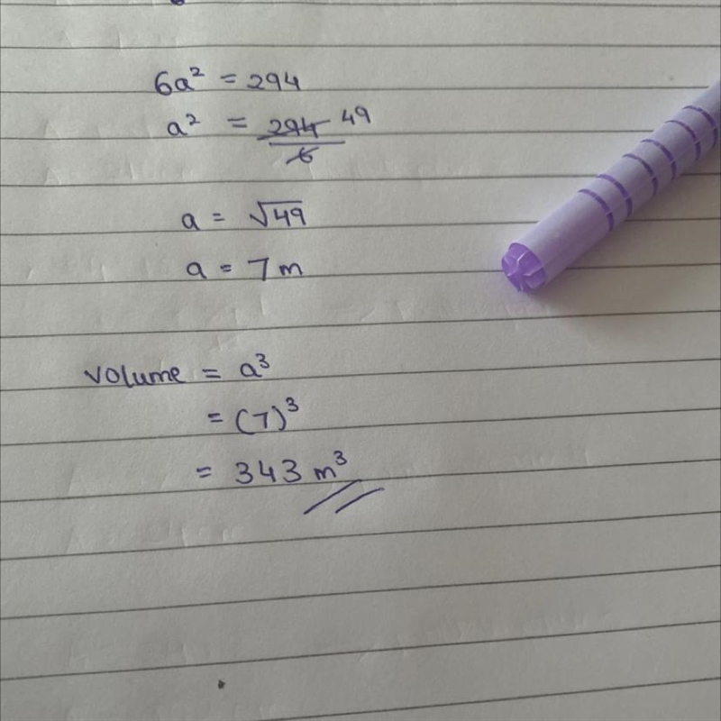 What is the volume of a cube whose surface area is 294 in2-example-1