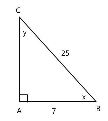 If a leg and a hypotenuse are 7 and 25 respectively, find the smaller of the two acute-example-1