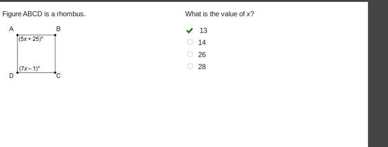 What is the value of x? O 13 O 14 O 26 O 28​-example-1