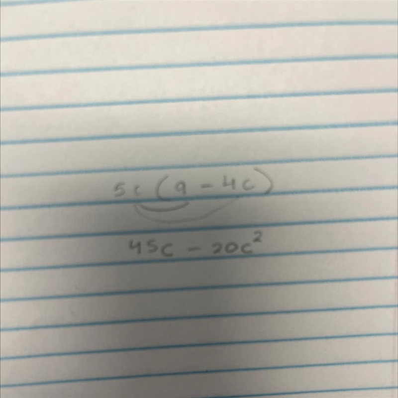 Multiply 5c(9 − 4c). A. 45c − 4c B. 45c − 20c2 C. 45c − 20c D. 45 − 20c2-example-1