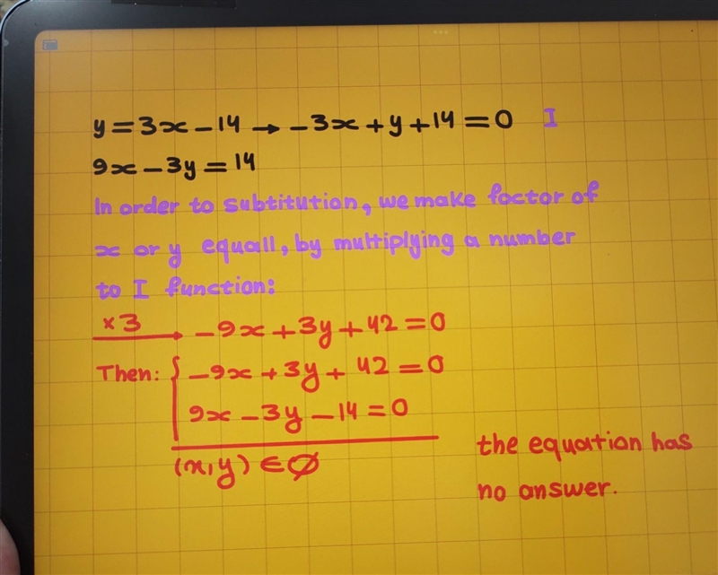 У = 3х – 4 9x — Зу = 14 solve using the substitution method-example-1