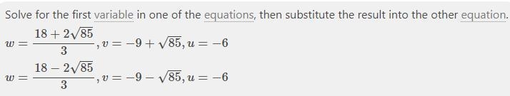 3. Solve the following system of equations. 2v 3w = 16 2u + w = 4 v/6 - u/6 = 1​-example-1