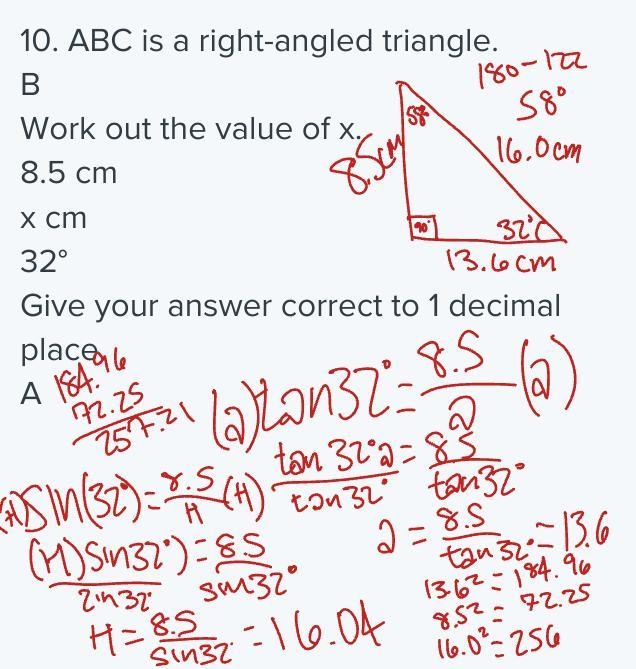 10. ABC is a right-angled triangle. B Work out the value of x. 8.5 cm x cm 32° Give-example-1