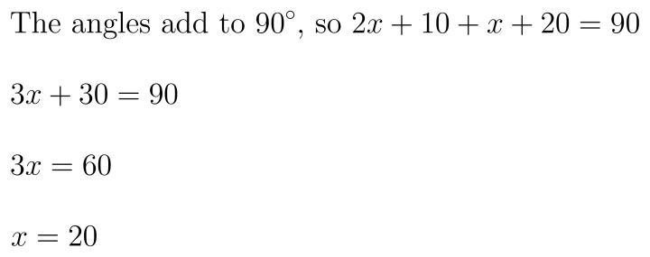 15. If two complementary angles measures (2x+10°and (x + 20°. Find the value of x-example-1