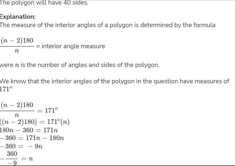 A regular polygon has its interior angles all equal to 171 Find the number of sides-example-1