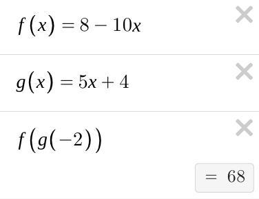 If f(x)=8-10x and g(x) =5x +4, what is the value of (fog)(-2)?-example-1