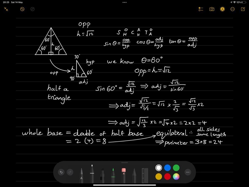 The height of an equilateral triangle is the square root of 12. Find the perimeter-example-1