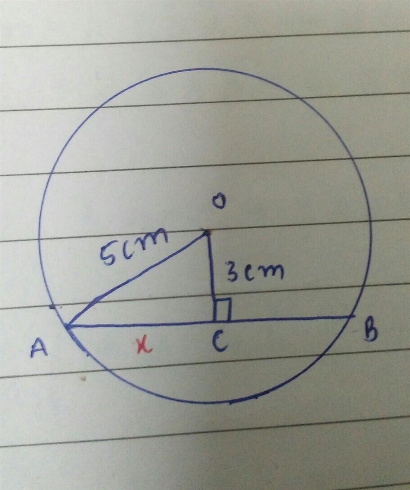 Chord AB is 3cm from the center of a circle, the radius of the circle is 5cm, calculate-example-1