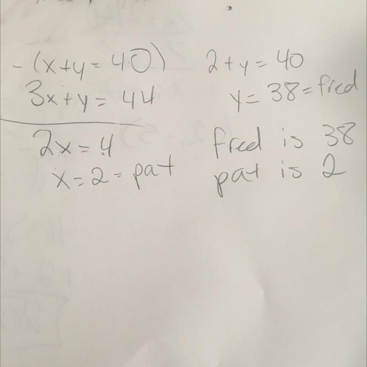 The sum of ages of fred and pat is 40 years. in four years the age of pat will be-example-1