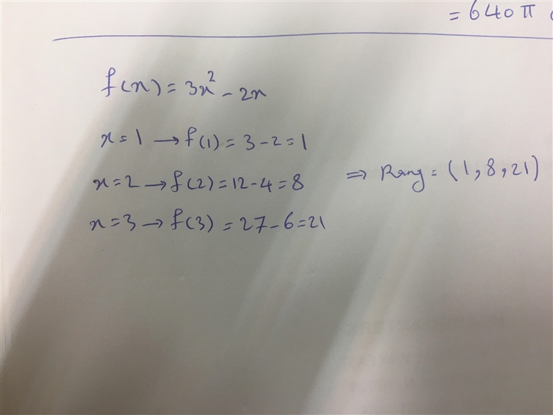 Find the range of the function f(x) = 3x² - 2x for the domain (1, 2, 3).-example-1