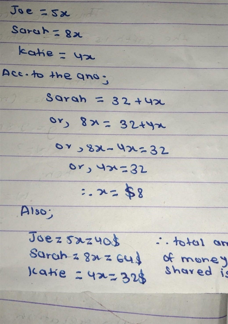 Joe , sarah and katie share a sum of money in the ratio 5 : 8 : 4 . If sarah receives-example-1