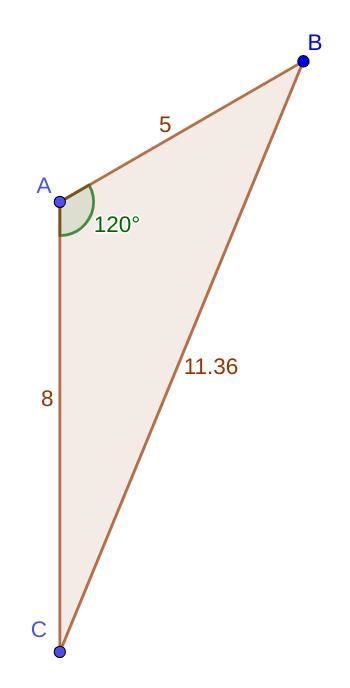 A man walks 8km north and then 5km in a direction 60 degrees east of north. find the-example-1