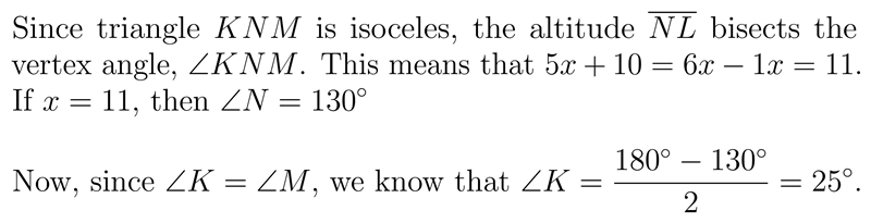 Triangle KNM is isosceles, where angle N is the vertex. What is the measure of angle-example-1