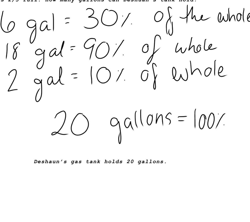 Deshaun's gas tank is 1/10 full. After he buys 6 gallons of gas, it is 2/5 full. How-example-1