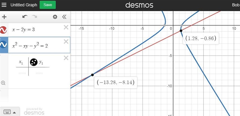 Solve for x and y simultaneously: x-2y=3 x²-xy-y²=2 ​-example-1