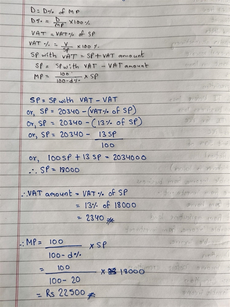 Vat=13% Discount=20% Sp with vat=20340 Mp=? Vat amount=?-example-1