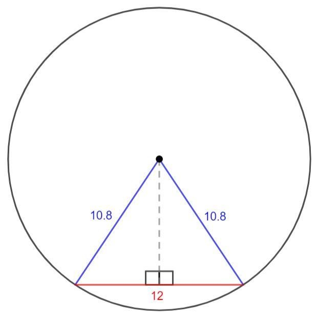 the radius of a circle is 10.8ft the length of a chord is 12ft what is the approximate-example-1