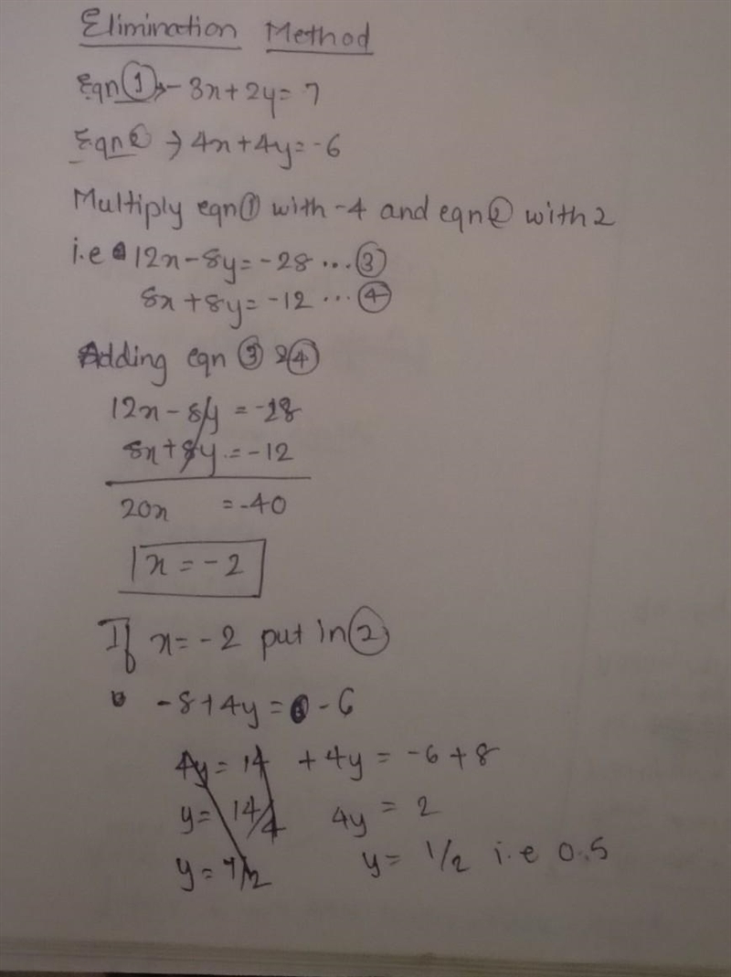 I need help with elimination the equation is -3x + 2y= 7 and 4x + 4y= -6-example-1