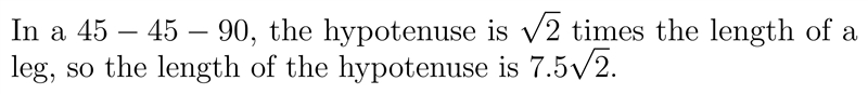 One leg of a 45°-45°-90° triangle measures 15/2 inches What is the length of the hypotenuse-example-1