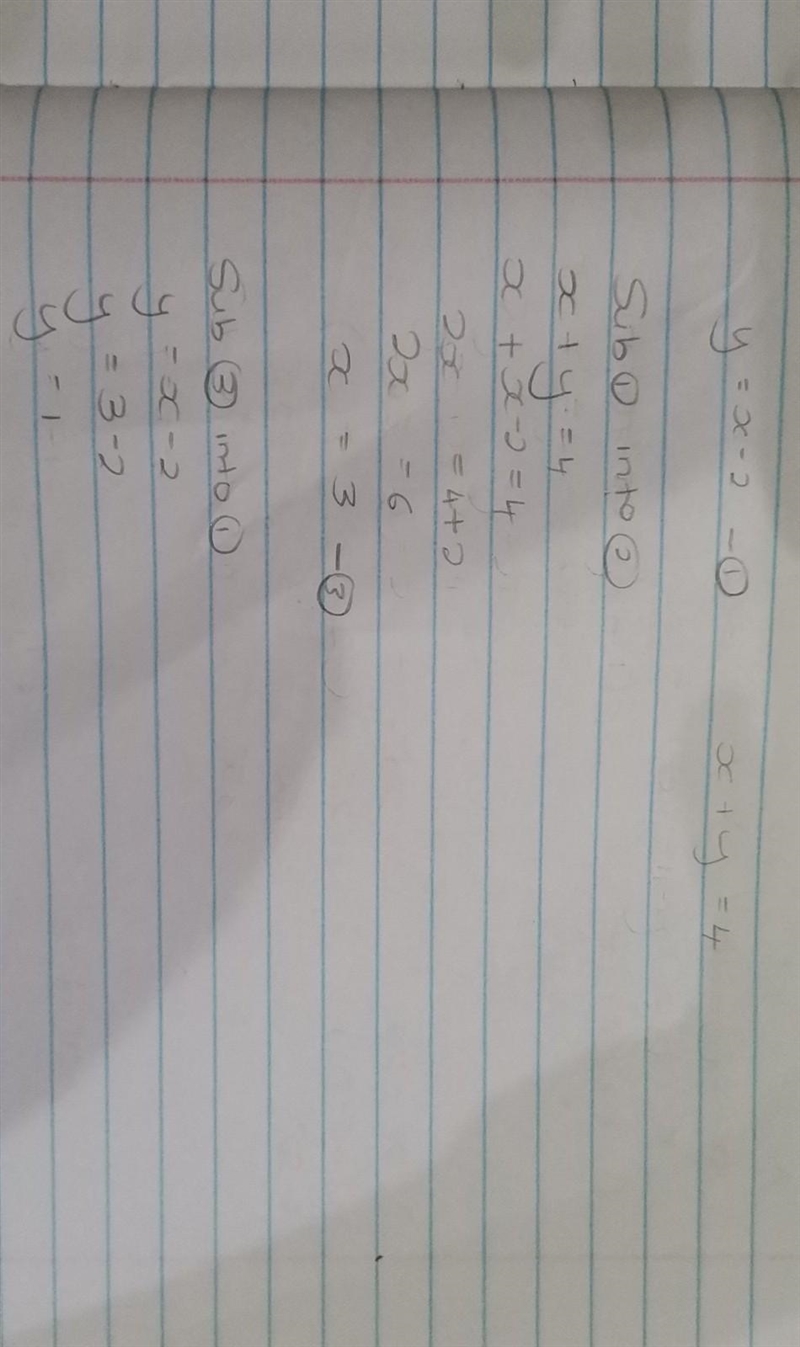 1 Solve each pair of the following simultane a) y= X- 2 x+y = 4 ​-example-1