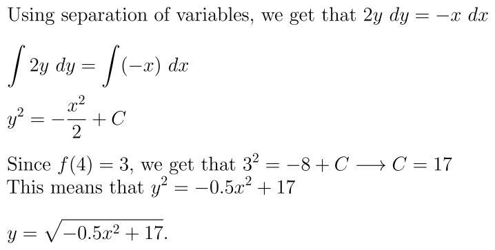 Given the differential equation dy/dx= -x/2y, find the particular solution, y = f-example-1