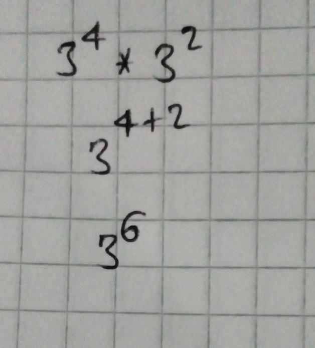 Help please really quick!! :) Rewrite using one base and one power: 3^4 * 3^2-example-1