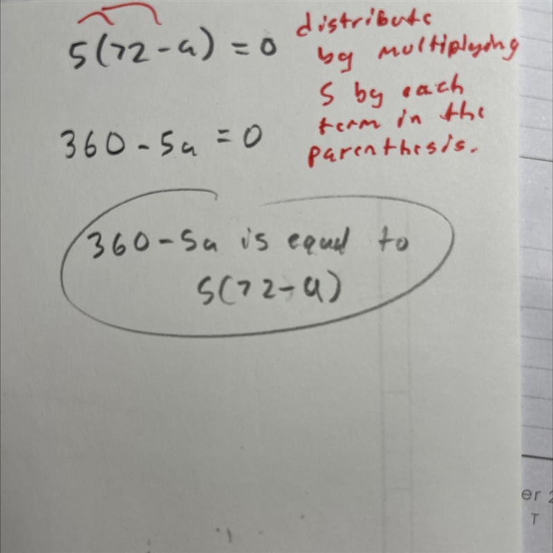 Use the distributive property to write an equivalent expression 5(72-a)-example-1