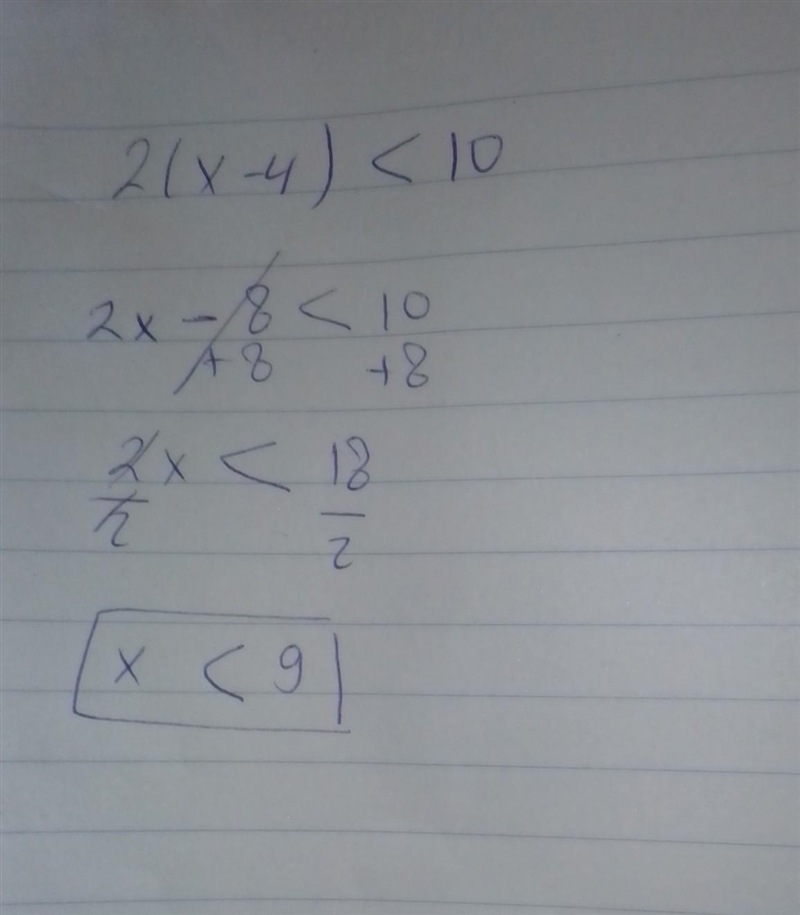 Solve and check 2(x-4)<10-example-1