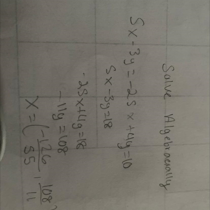 Use the substitution method to solve the system of equations 5x-3y=-25x+4y=18 Please-example-1