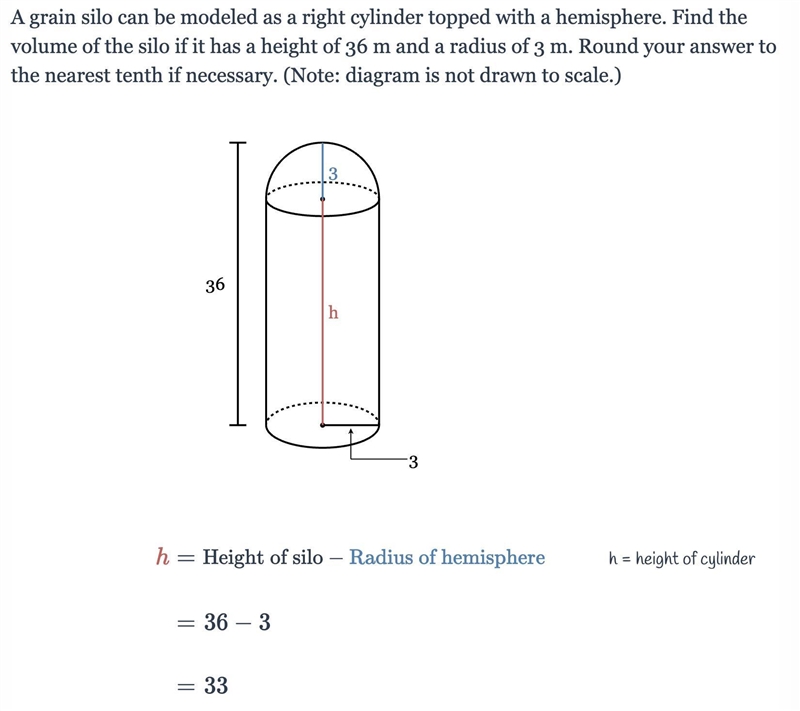 A grain silo can be modeled as a right cylinder topped with a hemisphere. Find the-example-1