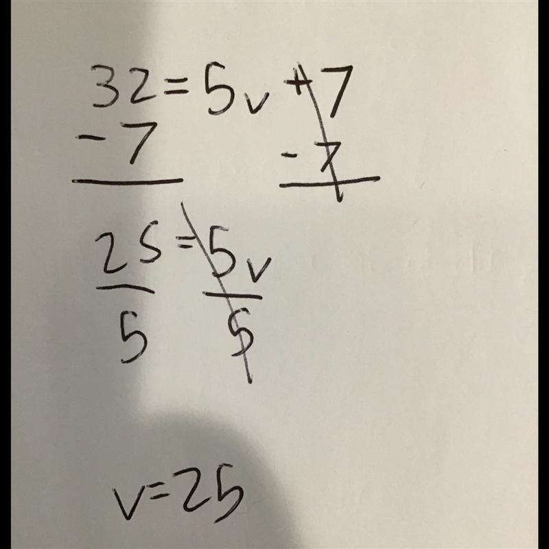 32 = 5v + 7 solve for v simplify your answer as much as possible-example-1