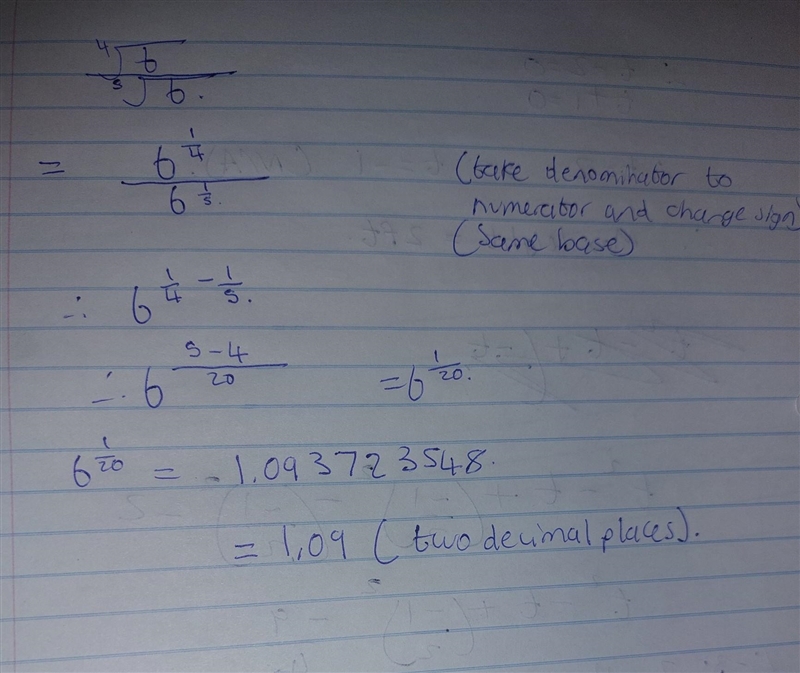 Simplify the equation and show work!!!! A. 6 to the power of nine twentieths B. 6 to-example-1