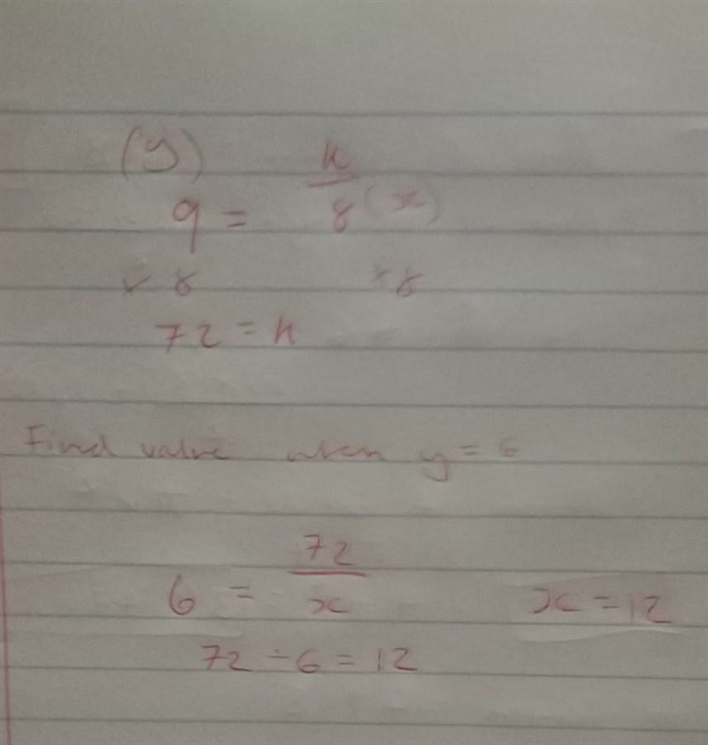 If x and y are in an inverse variation and k/8 = 9, then find the value of when y-example-1