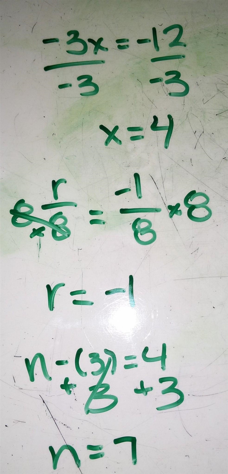 Please help quickly -3 - x = -12 What is x? r over 8 = negative 1 over 8 What is r-example-1