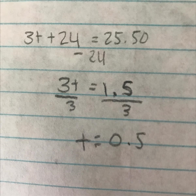 What is the value of t in 3(8+t)=25.50-example-1